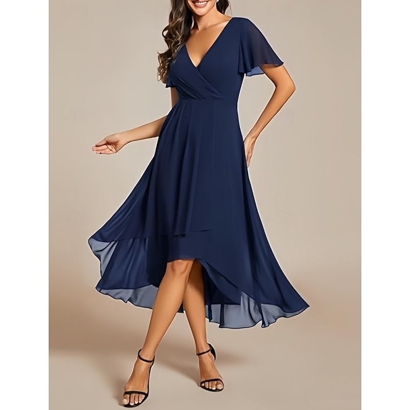 A-Line Wedding Guest Dresses Elegant Formal Dress Wedding Guest Engagement Asymmetrical Short Sleeve V Neck Chiffon with Ruched Ruffles 20253