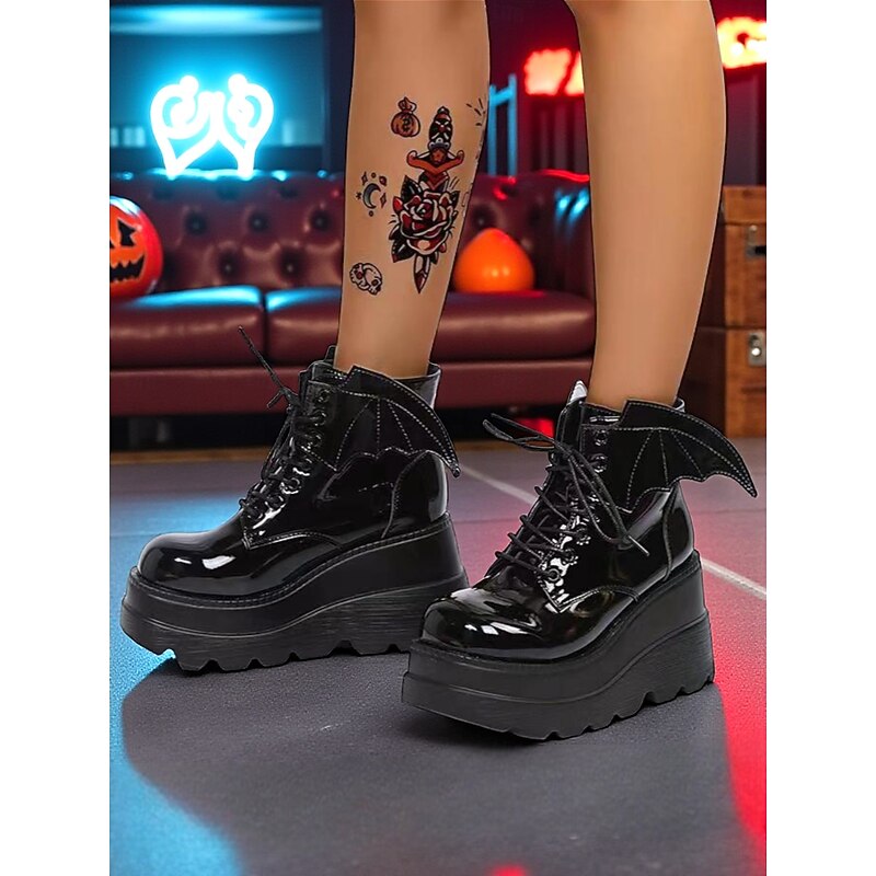 Women's Black Patent Leather Platform Ankle Boots - Bat Wing Lace-Up Gothic Punk Shoes, Chunky Heel Cosplay Boots for Halloween, Parties, and Alternative Fashion Outfits2