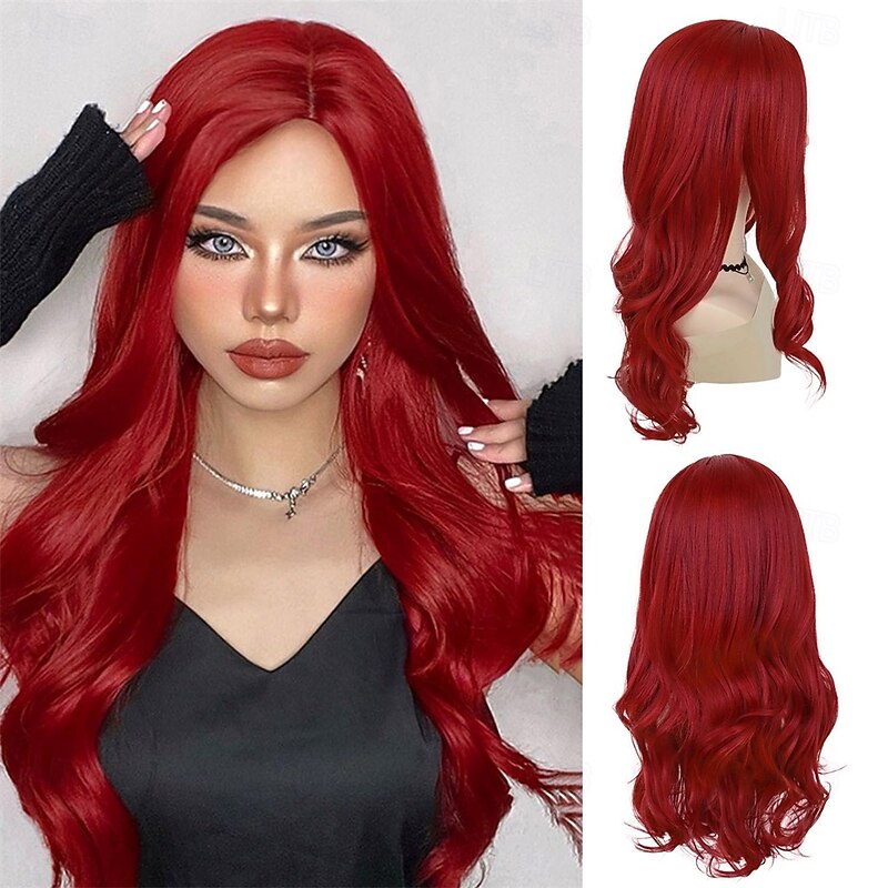 22 Inch Long Hot Red Wigs For Women Side Part Curly Wig Wave Average Size Synthetic Fiber Cosplay Poison Ivy Ariel Wig For Halloween Costume Party