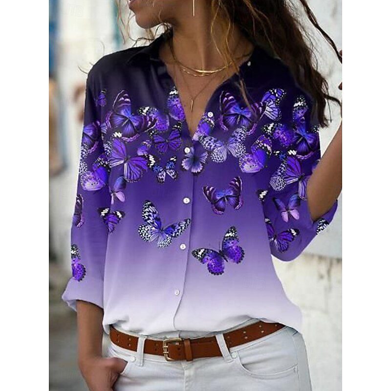 Women's Shirt Button Down Tunic Shirt Collar Long Sleeve Ombre Floral Graphic Vintage Daily Stylish Regular Tops Work Daily Holiday s Print Black Royal Blue Blue Purple Spring Fall3