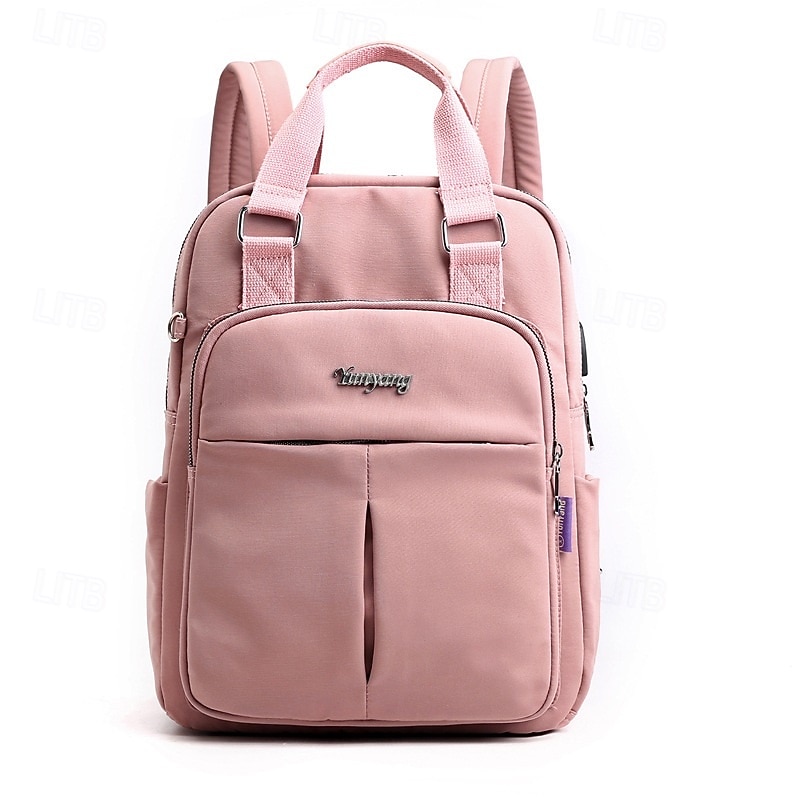 Women's Pink USB Charging Backpack – Stylish Waterproof Travel and School Bag with Laptop Compartment and Luggage Strap2
