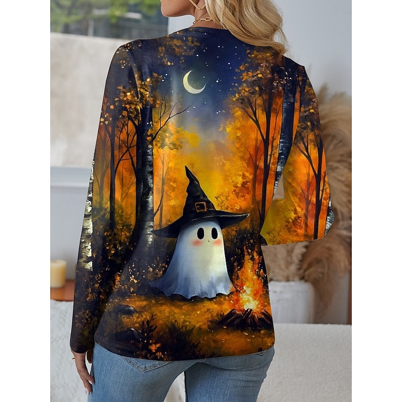 Halloween Women's T shirt Ghost Long Sleeve V Neck Long Sleeve Tunic Graphic Elegant Casual Regular Tops Daily Weekend Print Black Orange Rainbow Spring Fall Prefall2