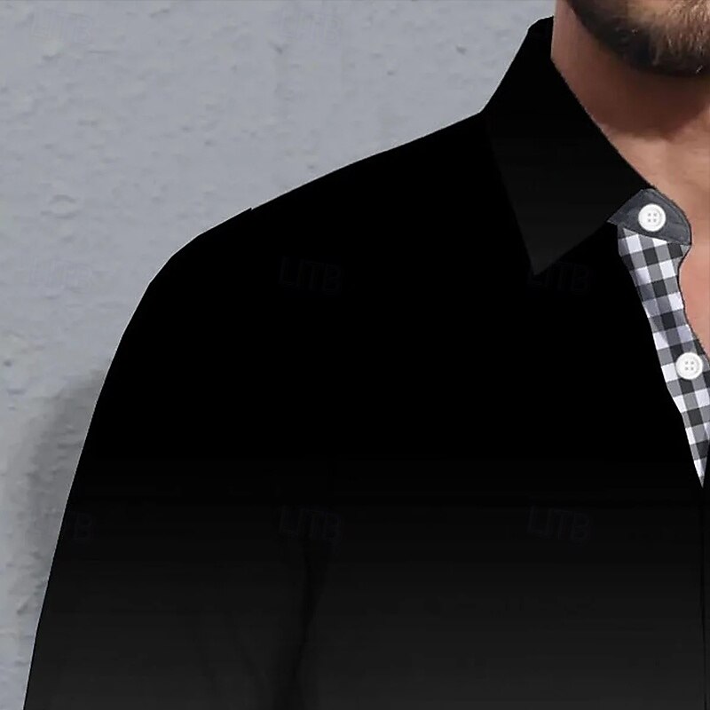 Men's Geometric Grid / Plaid Gradient Color Shirt Button Up Shirt Long Sleeve Fashion Casual Vacation Daily Streetwear Spring Fall Turndown 3D Print Collared Shirts Front One Pocket Black3