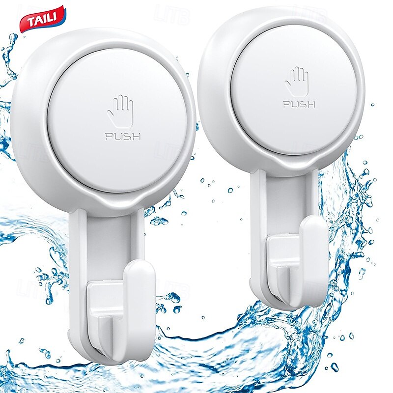 TAILI 2PCS Suction Hooks Powerful Vacuum Suction Cup Hooks- Heavy Duty for Shower, Waterproof Suction Hanger for Bathroom Kitchen Towel, Robe, Loofah Removable and Reusable for Bags Coat