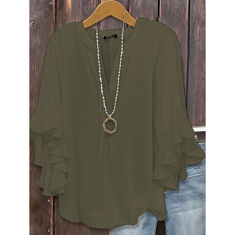 Women's Texture Blouse Blouse Solid Color Elegant 3/4 Length Sleeve V Neck Regular Tops Daily Ruffle Black White Pink Army Green Spring Fall4
