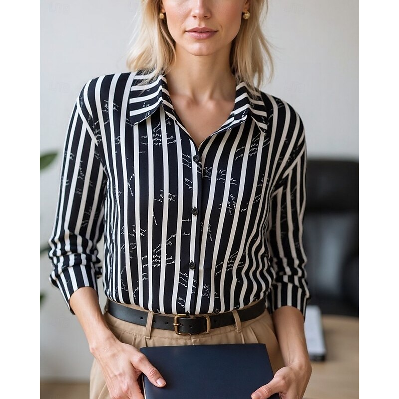 Women's Blouse Dressy Tops Chiffon Tops Color Block Abstract Elegant Daily Stylish Long Sleeve Shirt Collar Regular Tops Work Daily Buttons Print Black And White Black White Beige Spring, Fall4