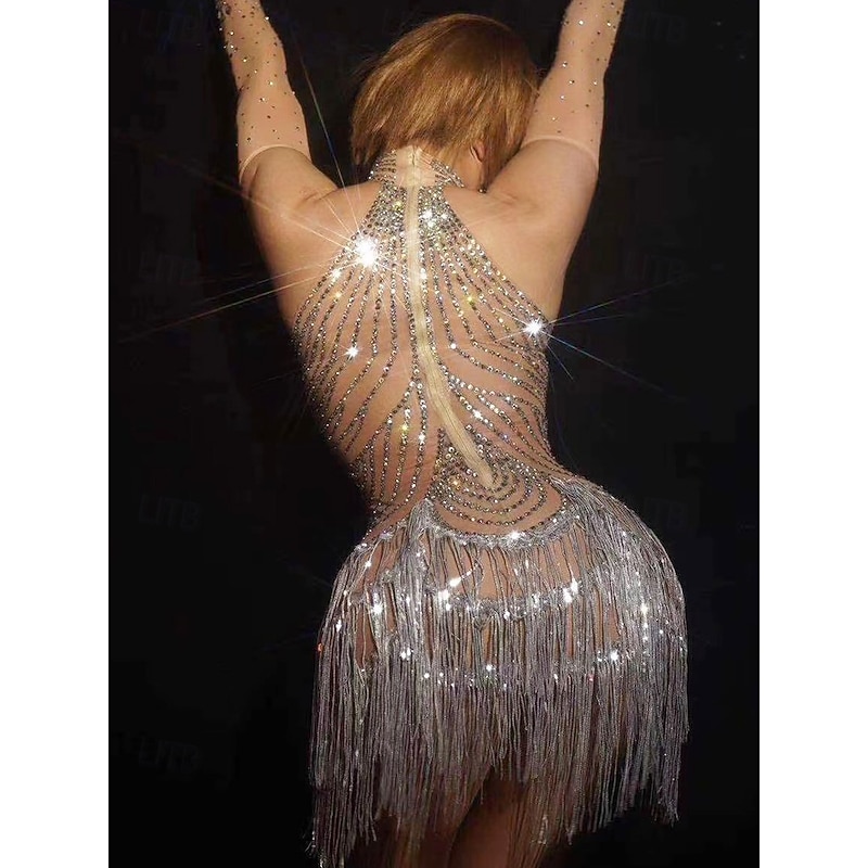 Shining Rhinestone Tassel Dance Costume Sexy Women Mesh Dress Singer Dancer Stage Wear Party Carnival Outfit3