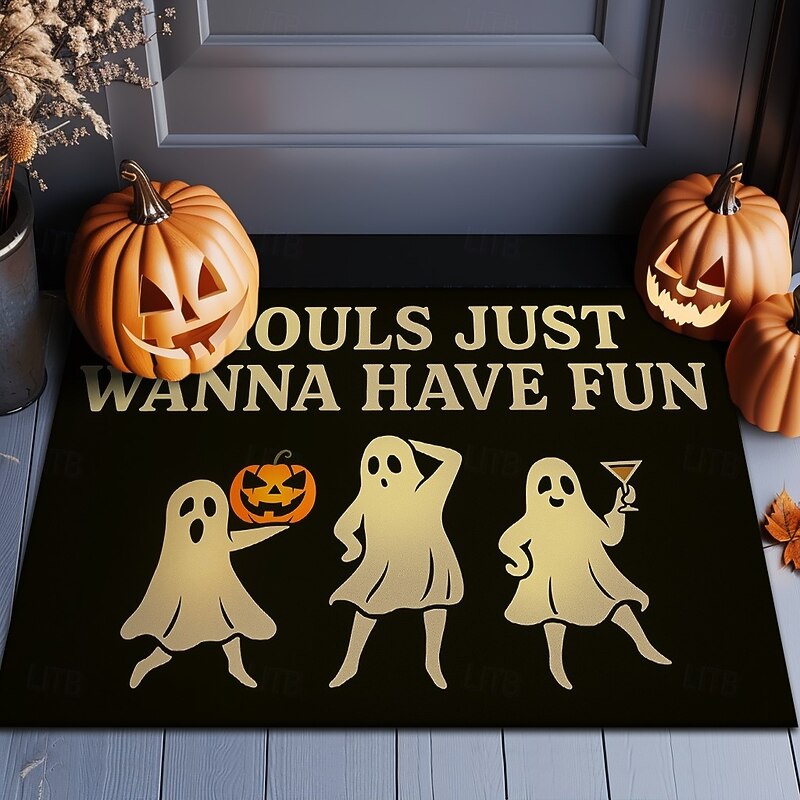Halloween Indoor Outdoor Doormat Kitchen Mat "Ghouls Just Wanna Have Fun" Funny Ghosts Design, Non-Slip Front Door Mat for Porch, Entryway, Patio, Bedroom, Bathroom and 2025 Halloween Home Decoration3