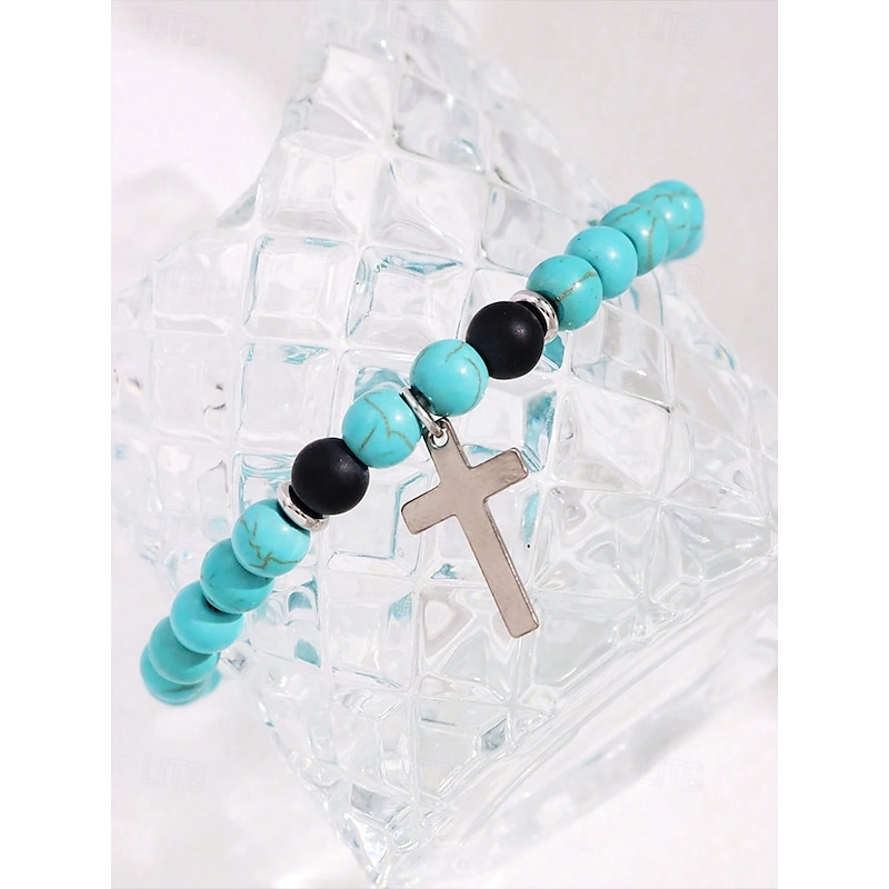 Men's Turquoise Cross Beaded Bracelet – Alloy and Turquoise Design, Perfect for Casual and Boho Style3
