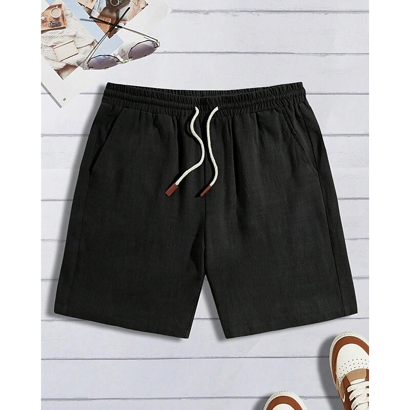 Men's Shorts Linen Shorts Summer Shorts Beach Shorts Pocket Elastic Waist Drawstring Plain Comfort Breathable Short Vacation Holiday Beach Hawaiian Boho Black Navy Blue2