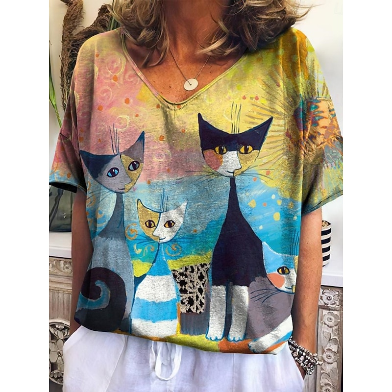 Women's T Shirt Floral Cat Fashion Modern Casual Short Sleeve V Neck Regular Tops Daily Weekend Print Red Blue Green Gray Summer3