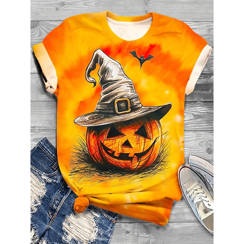 Halloween Women's T shirt Witch Graphic Pumpkin Vintage Stylish Classic Short Sleeve Crew Neck Round Neck Regular Tops Daily Print Black Yellow Red Summer Fall2