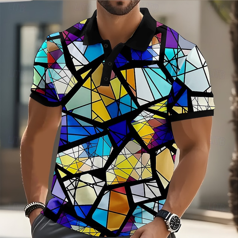 Men's Geometric Abstract Polo Short Sleeve Polo Shirts Collared Shirts Casual Street Athleisure Daily Wear 3D Print Buttons Summer Blue