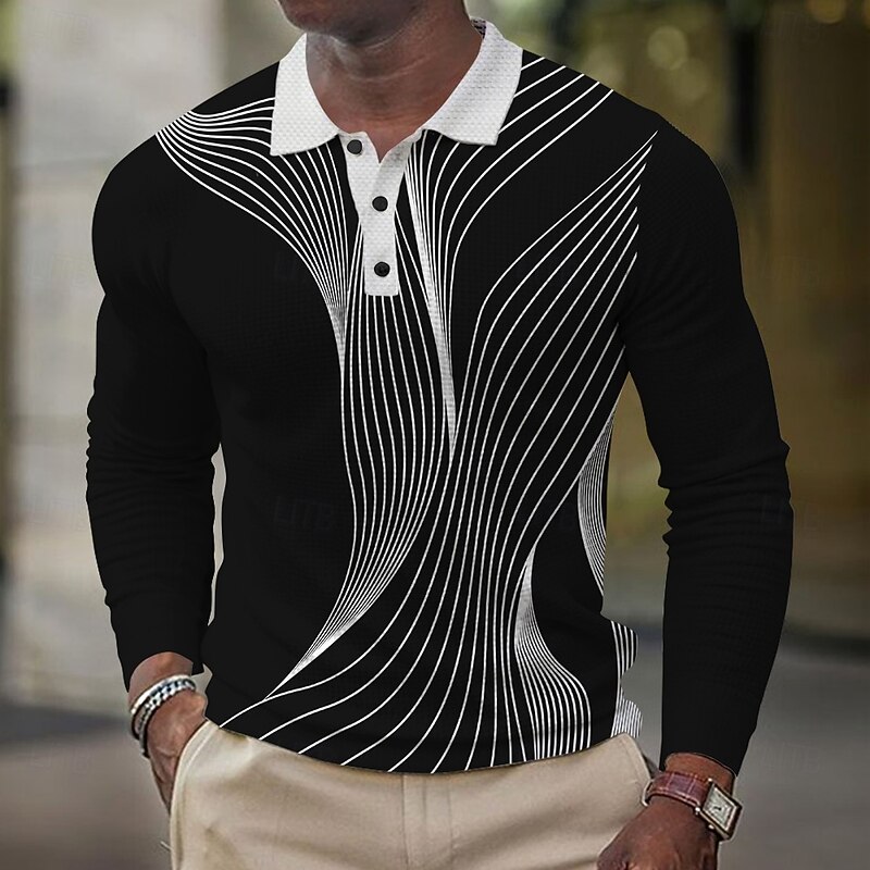 Men's Geometic Line Waffle Polo Shirts Long Sleeve Polo Shirts Collared Shirts Business Casual Business Wear to work Daily Wear Buttons Spring Fall Winter Black Blue Green4