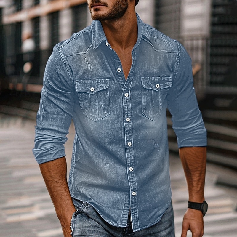 Men's Shirt Chambray Shirt Calico Shirt Button Up Shirt Casual Shirt Denim Shirt Denim Blue Black Dark Navy Blue Long Sleeve Plain Collar Daily Vacation Clothing Apparel Cotton Fashion Casual2