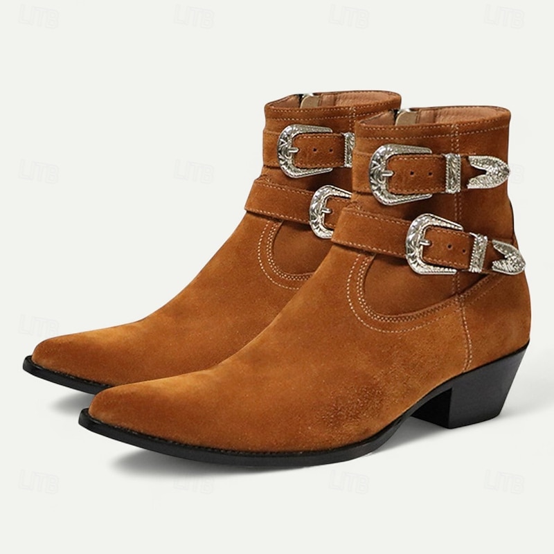 Men's Suede Leather Buckle Ankle Boots – Western Cowboy Style Retro Dress Boots for Fall Outfits & Daily Wear2
