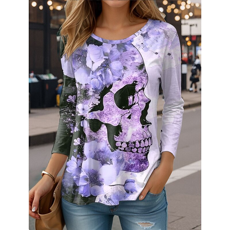 Halloween Women's T Shirt Skulls Crew Neck Long Sleeve Tunic Floral Graphic Vintage Stylish Classic Round Neck Regular Tops Daily Print Pink Blue Purple Green Fall4