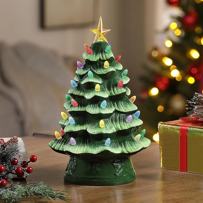 Ceramic Christmas Tree, Lighted Tabletop Santa Claus Christmas Tree with Multicolored Lights and Star, Prelit Battery Operated Vintage Ceramic Tree for Office Table Holiday Decorations