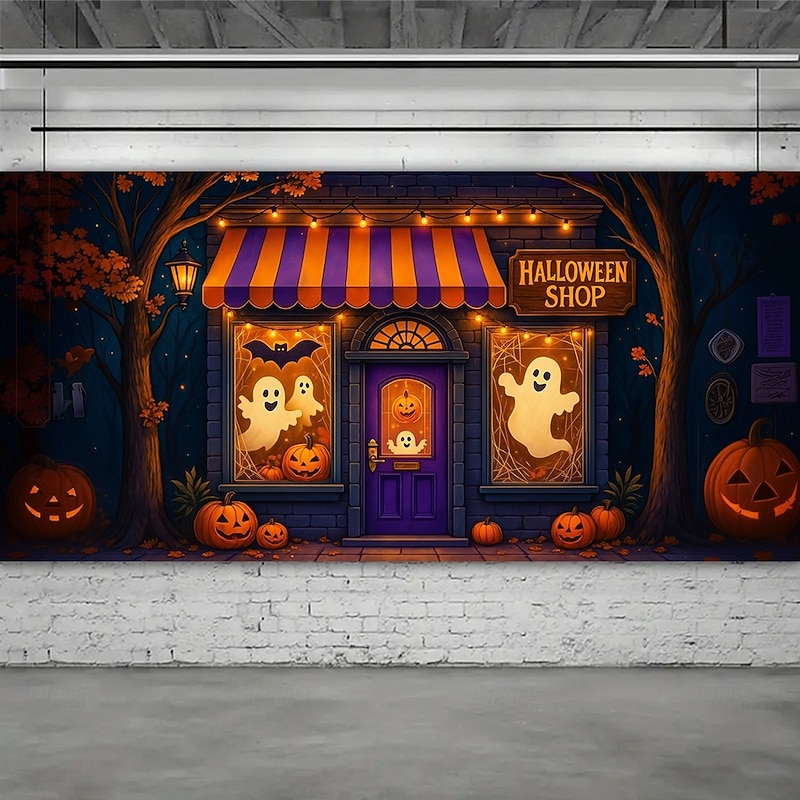 Halloween Garage Door Cover Pumpkin Shop Entrance Banner, Large Tapestry Backdrop Decoration for Holiday Outdoor Garage Door and Home Wall, 2025 Halloween Decorations4