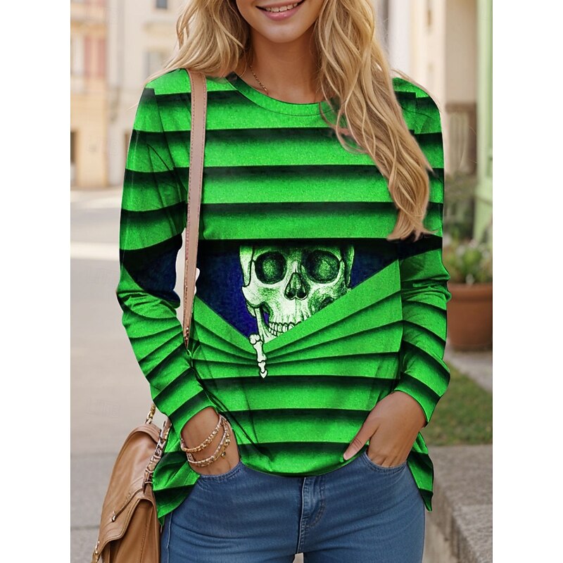 Halloween Women's T Shirt Skulls Long Sleeve Crew Neck Long Sleeve Tunic Graphic Vintage Stylish Classic Round Neck Regular Tops Daily Print Blue Fuchsia Green Gray Fall Prefall4