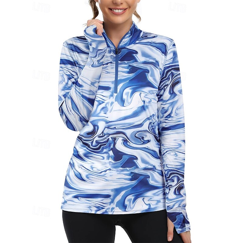 Women's Abstract Art Golf Polo Shirt Tennis Shirt Long Sleeve Print Quarter Zip Pullover UV Protection Elastic Breathable Tennis Golf Pickleball Zip Collar Shirt Polo Black Blue Tennis Clothing