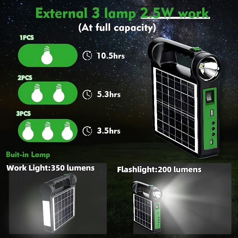 6000mAh Portable Solar Generator System Kit with Lithium Battery LED Lights USB Charger Solar Charging Panel for Outdoor Camping & Home Use