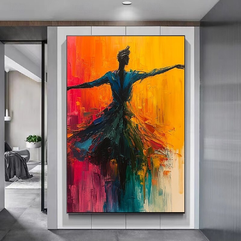 Handmade Pure Abstract Dance Oil Painting Graceful Silhouette Motion Vivid Colors Bold Background Textured Canvas Art Modern Living Room Home Decor Wall Art Dynamic Elegant3