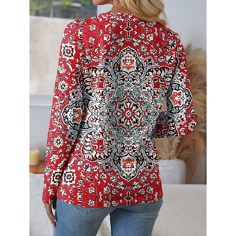 Women's T Shirt Graphic Geometric Vintage Casual Long Sleeve Crew Neck Regular Tops Daily Buttons Print Wine Red Blue Spring Fall Winter2
