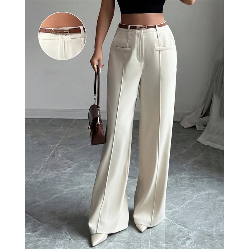 Women's Wide Leg Pants Trousers Palazzo Pants Fashion Streetwear Full Length High Waist Plain Pocket Breathability Comfortable Street Daily Wear Going out White Spring Fall Regular Fit