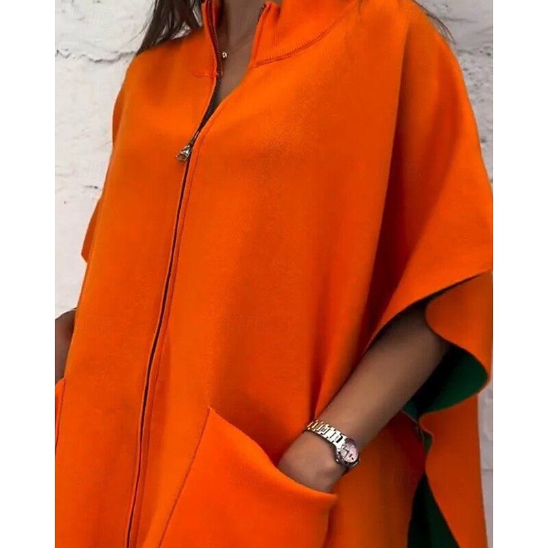 Women's Casual Jacket Comfortable Pocket Casual Plain Going out Casual Daily Zipper Regular Stand Collar Regular Fit Half Sleeve Outerwear Orange Green Rose Red Fall Winter3
