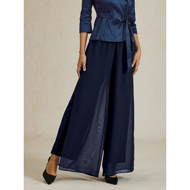 Women's Culottes Wide Leg Straight-Leg Trousers Elegant Stylish Classic Style Full Length Medium Waist Solid Color Elastic Waist Stretchy Wedding Vacation Party Navy Blue Spring, Fall, Winter, Summer3