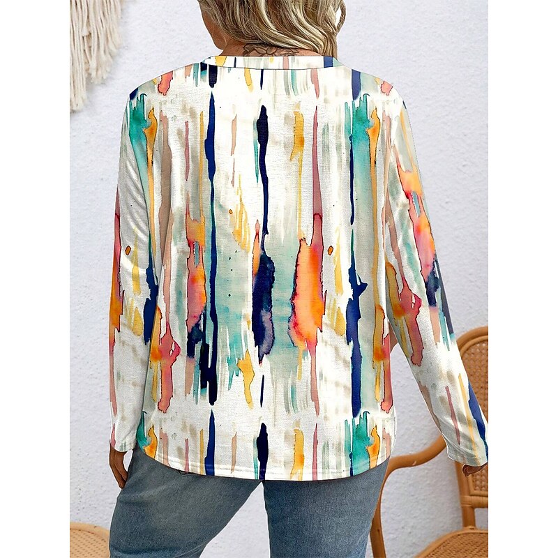 Women's Plus Size Tops T Shirt Graphic Geometry Print Long Sleeve Crew Neck Casual Daily Polyester Fall Winter White Blue3