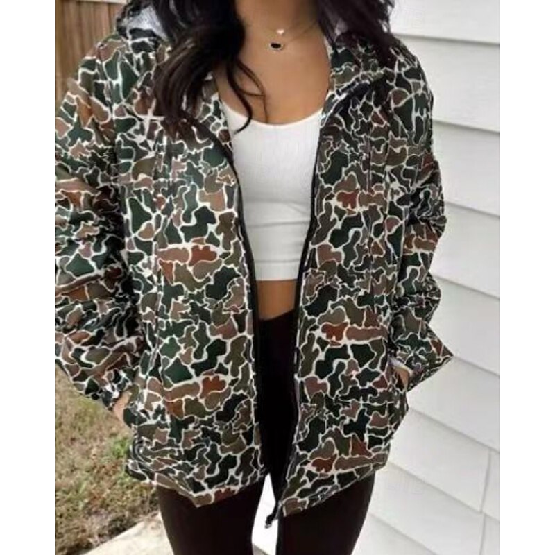 Women's Zip Up Hoodies Camouflage Casual Long Sleeve Hooded Regular Tops Street Going out Zipper Pocket Green Fall Winter
