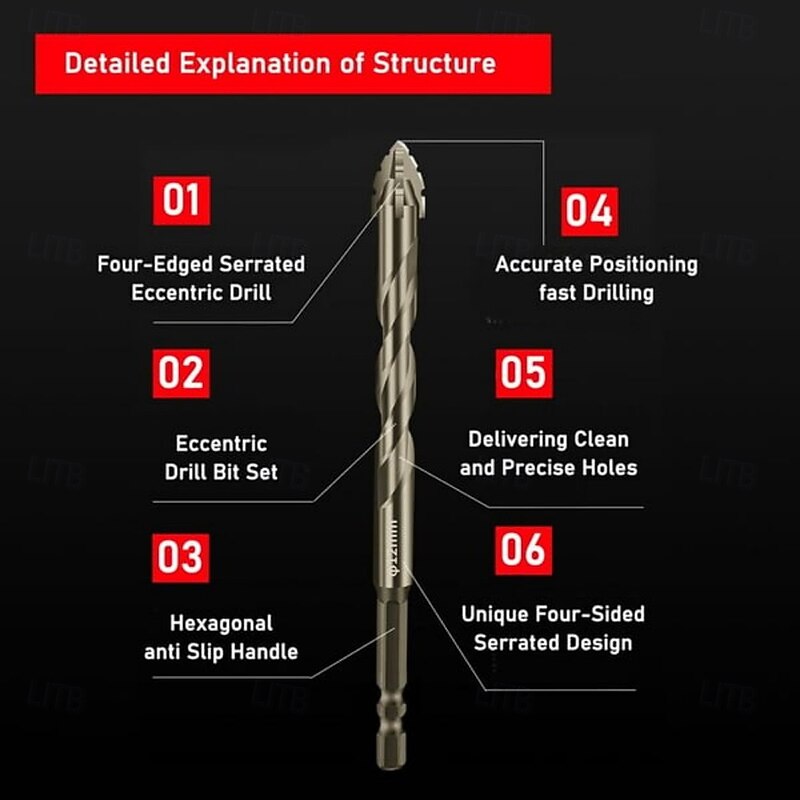 Four-Flute Sawtooth Eccentric Drill Bit Set for Tile, Concrete, and Glass, Dry Drilling Cross Head Bits for Precise Punching, Multi-Material Hole Saw Kit3