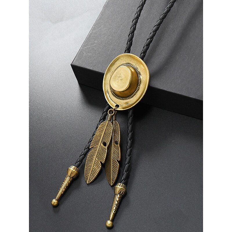 Men's Western Cowboy Hat Bolo Tie – Alloy Feather Pendant Leather Rope Necklace for Rodeo, Country Party & Denim Outfit4