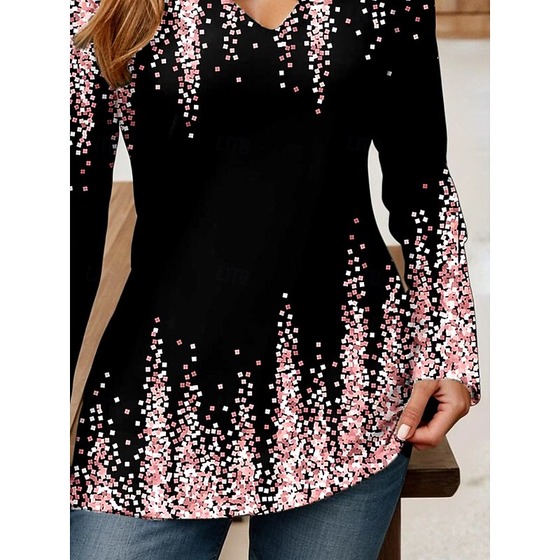 Women's T Shirt Ombre Graphic Vintage Stylish Classic Long Sleeve V Neck Regular Tops Daily Cut Out Print Pink Spring Fall3