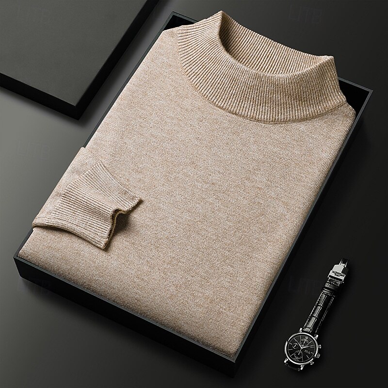 Men's Pullover Sweater Jumper Knit Sweater Ribbed Knit Regular Tops Knitted Plain High Neck Fashion Basic Vacation Daily Wear Clothing Apparel Fall Winter Camel Wine S M L3