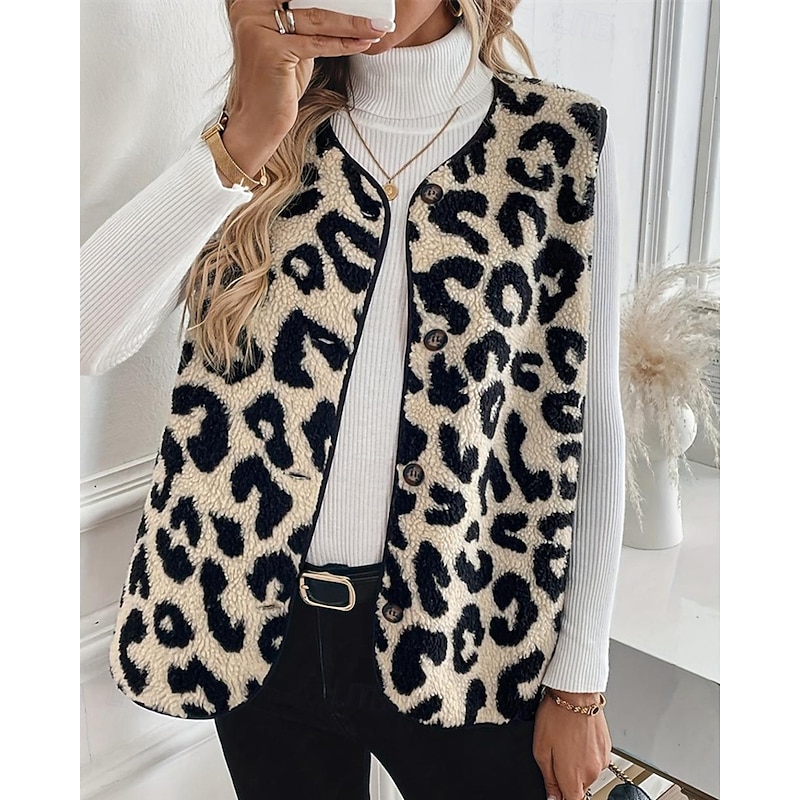 Women's Fleece Vest Vest Warm Comfortable Buttons Fleece Lined Fashion Modern Casual Leopard Going out Weekend Single Breasted Regular V Neck Regular Fit Sleeveless Outerwear Apricot Winter3