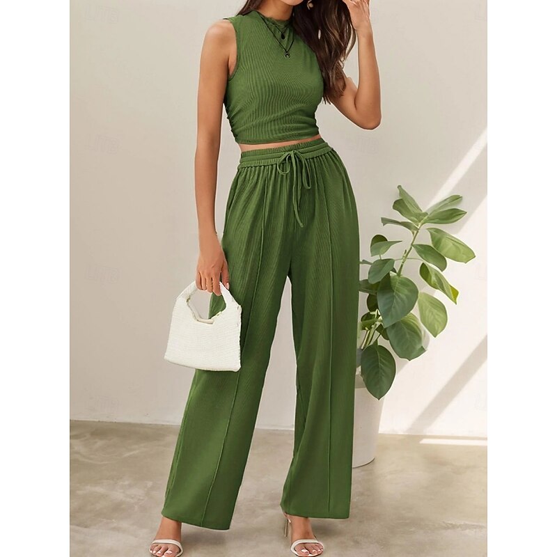 Women's Fashion Streetwear Daily Pants Sets Sleeveless Crew Neck Solid Color Drawstring Casual Daily Blue Orange Brown Summer Regular Fit3