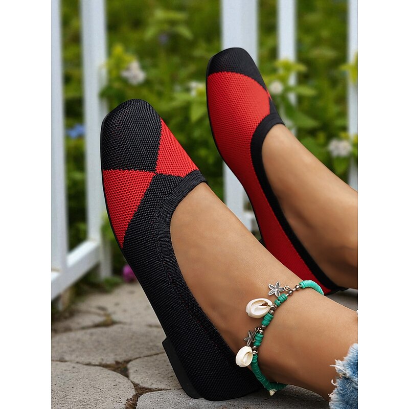 Women's Red and Black Square Toe Knit Flats – Retro Colorblock Shoes for Fall Festivals, Shopping & Casual Workwear3