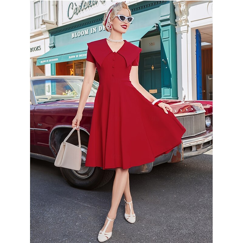 Retro Vintage 1950s Rockabilly Midi Dress A Line Dress Fit & Flare V Neck Fancy Dress Women's Halloween Carnival Valentine's Day Tea Party Retro Theme Party Adults' Dress Summer4