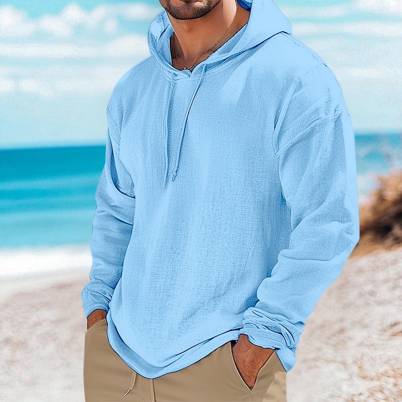 Men's Henley Shirt Linen T-Shirt Long Sleeve Hooded Summer Spring Solid Color Plain Vintage Bohemian Casual Raw Edge Vacation Street Casual White Pink Light Blue Top Tee for Men