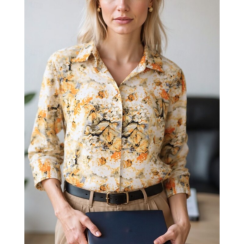 Women's Blouse Dressy Tops Chiffon Tops Floral Color Block Elegant Daily Stylish Long Sleeve Shirt Collar Regular Tops Work Daily Buttons Print Yellow Pink Red Brown Beige Spring, Fall, Winter, Summer2