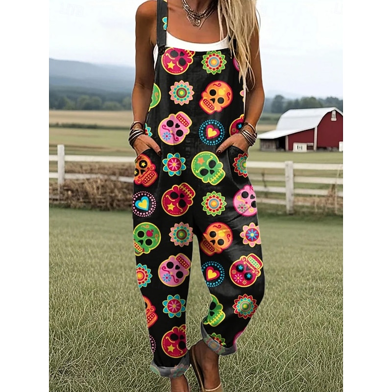 Halloween Women's Jumpsuit Active Graphic Sleeveless Sleeveless Wide Leg Pocket Buttons Vacation Street Loose Fit Black Orange Beige Summer2