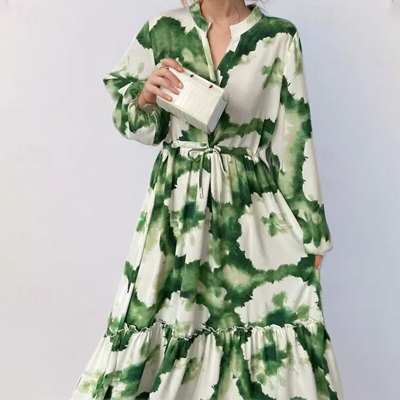 Women's Midi Dress Shirt Dress Swing Dress Print Dress Fashion Classic Modern Outdoor Vacation Holiday Regular Fit Flower Long Sleeve Shirt Collar Green Fall