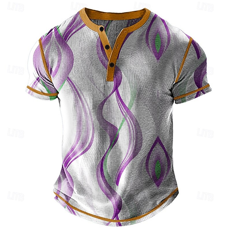 Men's Geometric Pattern Henley Shirt Waffle T Shirt Short Sleeve Daily Retro Vintage Classic Sports Outdoor Casual Holiday Spring & Summer All Seasons Blue Yellow Purple Henley Henley T-Shirt3