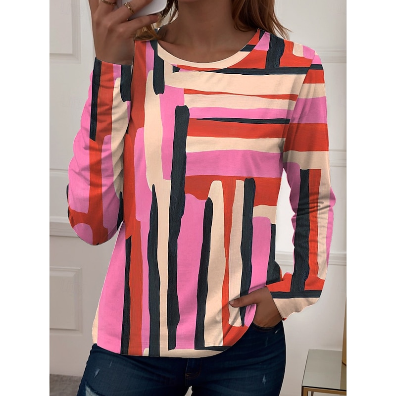 Women's T shirt Long Sleeve Crew Neck Long Sleeve Tunic Graphic Geometric Vintage Casual Regular Tops Daily Print Pink Blue Purple Green Spring Fall Prefall4