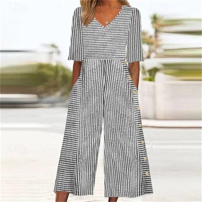 Women's Normal Jumpsuit Streetwear Striped Short Sleeve Wide Leg V Neck Pocket Print Street Daily Regular Fit Black Blue Summer2