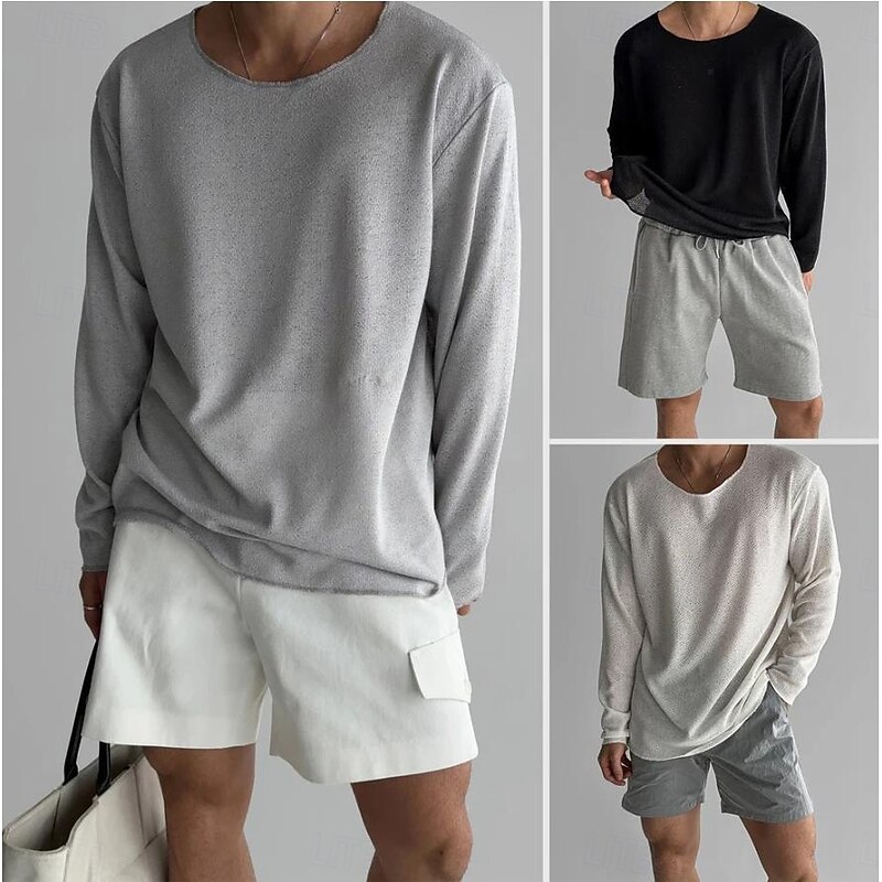 Men's Tee Top Long Sleeve Shirt Long Sleeve Crew Neck Summer All Seasons Solid Color Daily Casual Street Style Oversized Loose Outdoor Street Causal Black White Blue Top Tee for Men3