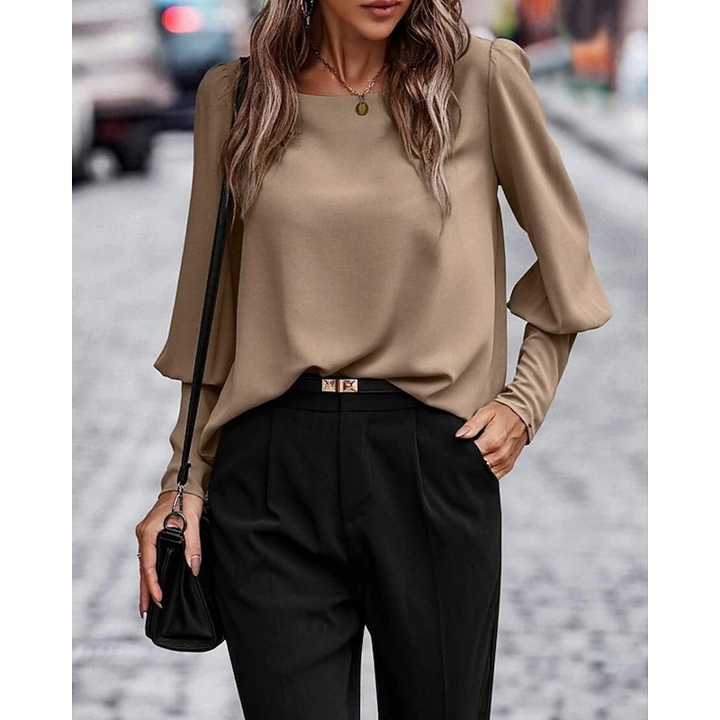 Women's Shirt Texture Blouse Plain Daily Stylish Basic Long Sleeve Crew Neck Regular Tops Work Daily Holiday Buttons Black Army Green Brown Spring Fall2